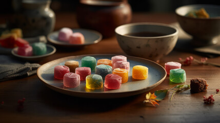 Obraz na płótnie Canvas Higashi - small, dry, colorful sweets often served with tea. Generative AI Art Illustration