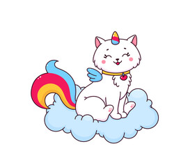 Cartoon caticorn character on fluffy cloud with rainbow unicorn horn, tail and angel wings. Cute white cat vector personage, adorable kitty or kitten caticorn wearing collar with heart