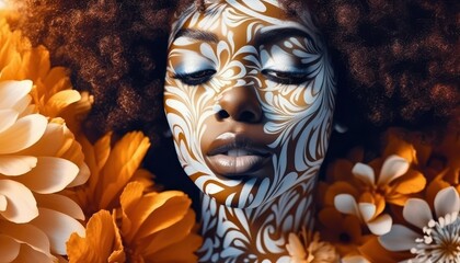 Stylish black woman with afro. Striking low-key image, radiant colors, portrait. Beautiful illustration picture. Generative AI