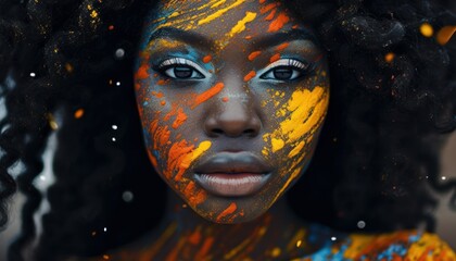 Stylish black woman with afro. Striking low-key image, radiant colors, portrait. Beautiful illustration picture. Generative AI