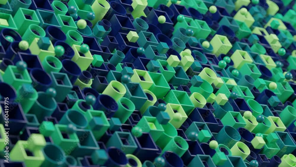 Poster loop 3d animation of a set of tubes of round and square cross-section from which balls and cubes fly