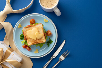 Surprise your dad on Father's Day with a breakfast he'll love. Overhead view sandwich with heart-shaped cheese, cutlery, coffee mug, giftbox, tie on blue background with an empty space for text or ad