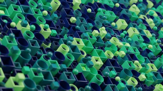 Loop 3d animation of a set of tubes of round and square cross-section from which balls and cubes fly out, return back. Abstract geometric background. Animation of chaos and order.