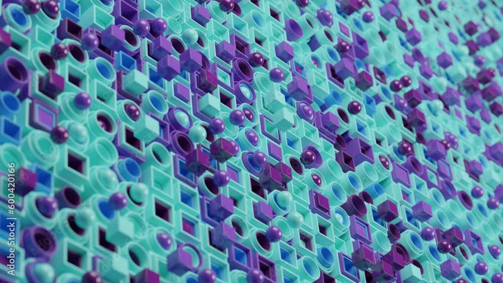 Poster loop 3d animation of a set of tubes of round and square cross-section from which balls and cubes fly
