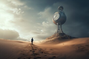 Big clock in desert. Lost in time and space, surreal picture with man. Beautiful illustration. Generative AI