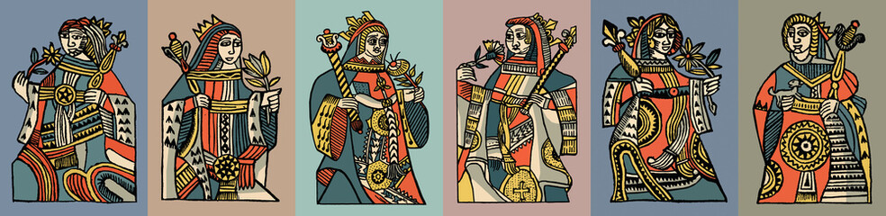 Set of colorful vector illustrations of the ancient lady in vintage style.