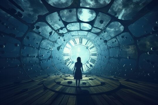 Lost in time and space, surreal otherwordly picture with man. Beautiful illustration. Generative AI