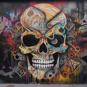 Graffiti of the skull on the wall. Beautiful illustration picture. Generative AI