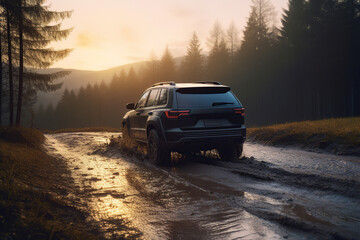 Obraz na płótnie Canvas A black SUV car at speed driving into a puddle with mud on a woodland road on sunset, ai generative