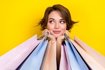 Portrait of lovely minded lady hands hold shop bags look empty space isolated on yellow color...