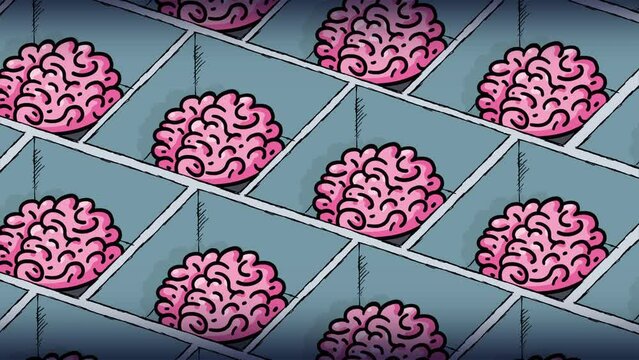 Cartoon brains in cubicles no mimics version. Seamles loop. Metaphor of futuristic society artificial intelligence AI etc.
