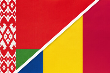 Belarus and Romania, symbol of country. Belarusian vs Romanian national flags.