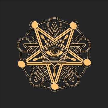 Esoteric and occult pentagram, mason or tarot symbols. Magic vector , eye of Providence inside of star with crescent moon sign around. Spiritual illuminati symbolic, astrology or alchemy amulet