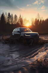Obraz na płótnie Canvas A black SUV car at speed driving into a puddle with mud on a woodland road on sunset, ai generative