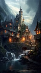 Medieval fantasy village, gothic architecture. Beautiful illustration picture. Generative AI