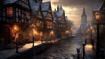 Fototapeta premium Medieval fantasy village, gothic architecture. Beautiful illustration picture. Generative AI