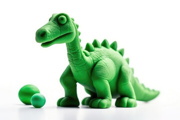 Obraz premium Cute Green Dinosaur Made Of Plasticine On White Background. Generative AI