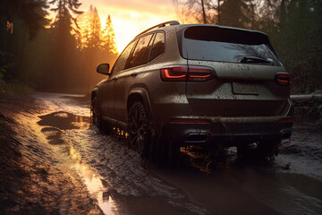Naklejka na ściany i meble A black SUV car at speed driving into a puddle with mud on a woodland road on sunset, ai generative