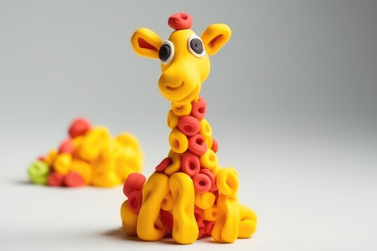 Cute Giraffe Made Of Plasticine On White Background. Generative AI