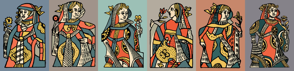 Set of medieval lady in vintage style, vector illustration.