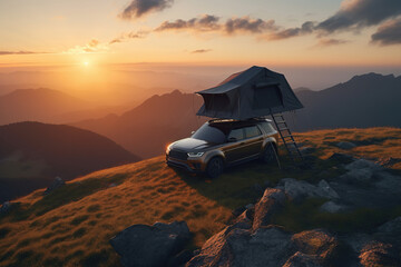 Car camping tent on the rooftop of an SUV in mountains on sunset, tourism and vacation, AI Generative - obrazy, fototapety, plakaty