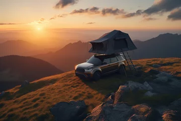 Foto op Plexiglas Car camping tent on the rooftop of an SUV in mountains on sunset, tourism and vacation, AI Generative © Viktoriia