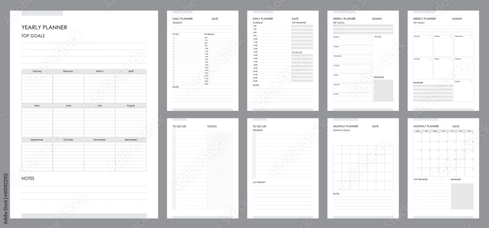 Poster planner page templates, daily diary or business schedule list notebook, vector printable organizer. 