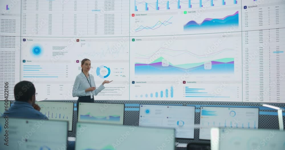 Aufkleber Caucasian Female Data Scientist Giving Presentation On Big Digital Screen In Monitoring Office. Diverse Team Of Deep Learning Company Employees Listening To Report Analysis Behind Desktop Computers.
