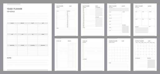 Planner page templates, daily diary or business schedule list notebook, vector printable organizer. Planner calendar with day or week plan, school or business yearly planner with goals and to do list
