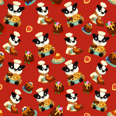Obraz premium Vector seamless pattern with sweets, pastries and berries. Cakes and biscuits on coasters, cookies with crumbs, croissants, chocolate muffins hand drawn seamless background