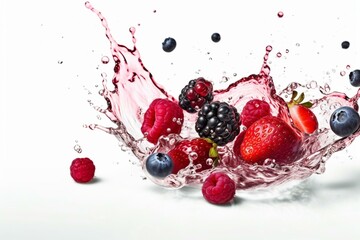 Vibrant berries amidst a splash of water or swirl, set against a pure white backdrop. Generative AI