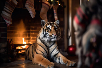 Fototapeta premium Tiger Sitting In Fireplace With Christmas Stocking Hung Up And Christmas Decorations. Generative AI