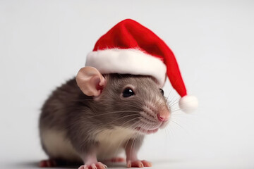 Fototapeta na wymiar Rat Wearing Santa Claus Hat On White Background. Generative AI