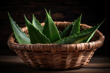 Aloe Vera Leaves In Basket, Herbal Medicine. Generative AI