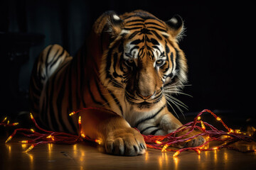Fototapeta premium Tiger Holding String Of Christmas Lights And Helping Decorate Christmas Tree. Generative AI