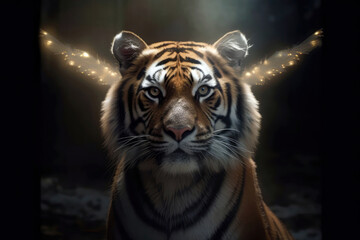 Obraz premium Tiger With Halo And Wings, Dressed Up As Christmas Angel. Generative AI