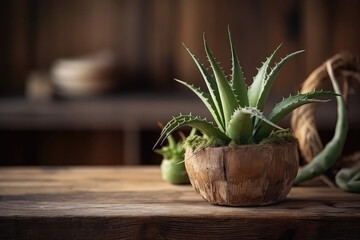 Aloe Vera Plant On Wooden Table, Rustic Decor. Generative AI