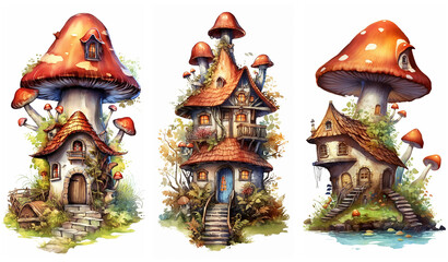 Watercolour fantasy Boletus Toadstool mushroom house. Greeting cards and envelopes artwork project set 12.