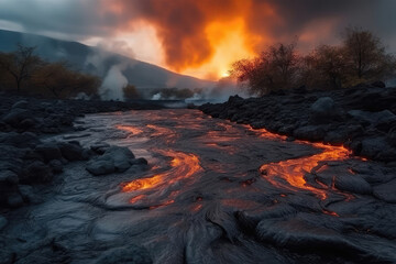 Ash And Gas Eruption, Lava River, Surreal Landscape. Generative AI