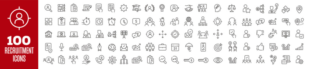 A collection of wireframe vector icons focused on recruitment and hiring, featuring symbols for job search, resumes, interviews, and onboarding. - obrazy, fototapety, plakaty