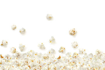 Fototapeta Realistic falling popcorn background. Party crunchy snack, fast food salty sweetcorn or cinema fluffy meal realistic vector background. Takeaway sweet dessert banner or concept with scattered popcorn obraz