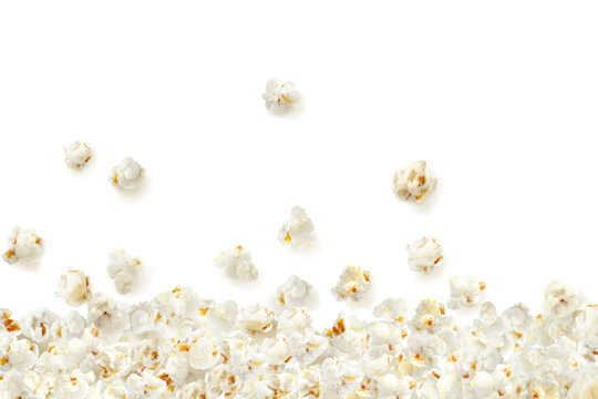 Realistic falling popcorn background. Party crunchy snack, fast food salty sweetcorn or cinema fluffy meal realistic vector background. Takeaway sweet dessert banner or concept with scattered popcorn