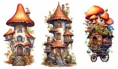 Watercolour fantasy Boletus Toadstool mushroom house. Greeting cards and envelopes artwork project set 7.