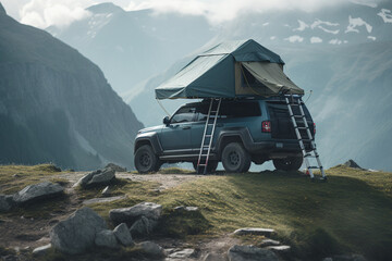 Car camping tent on the rooftop of an SUV in mountains on sunlight, tourism and vacation, AI Generative - obrazy, fototapety, plakaty