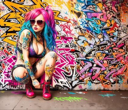 Rebel Beauty: A Pin-Up Punk Poses in Front of Graffiti Wall.