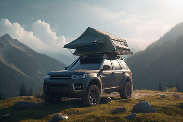 Car camping tent on the rooftop of an SUV in mountains on sunlight, tourism and vacation, AI Generative