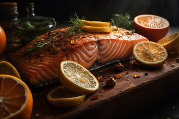 Fototapeta na wymiar Juicy salmon fillet seasoned with zesty citrus and flavorful spices. Generative AI