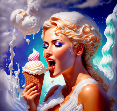 A painting of a woman eating an ice cream cone, detailed fantasy digital art, pin-up poster girl.