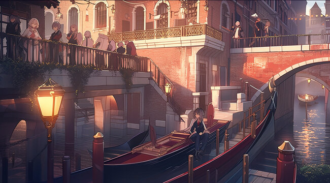 A couple of gondolas floating down a river next to a bridge. Generative AI.