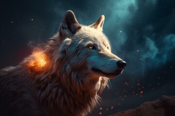 Majestic wolf with spiritual awakening concept in a fantasy universe. Epic wallpaper. Generative AI - obrazy, fototapety, plakaty
